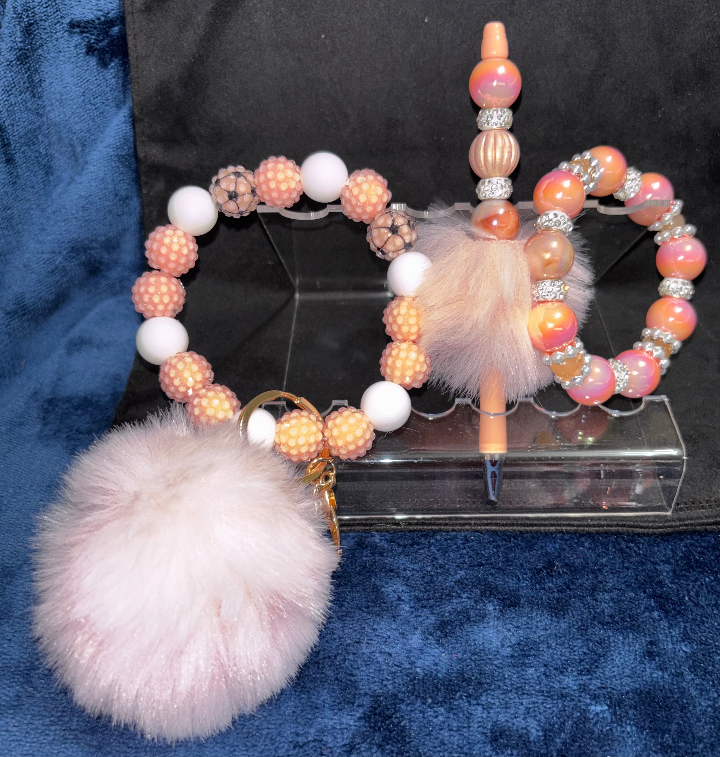 Beaded Stretch Bracelet w/Matching Pen Set, includes Pom Pom Wristlet all in Peach & White