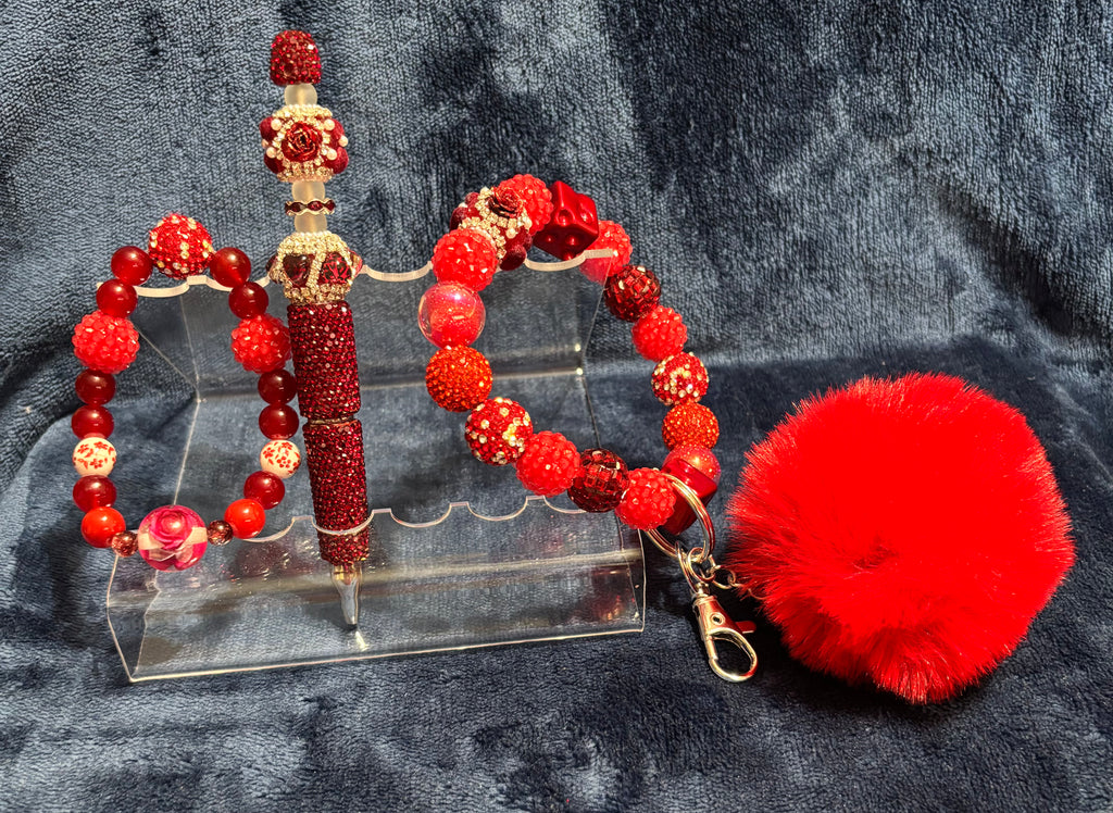 Beaded Stretch Bracelet w/Matching Pen Set, includes Pom Pom Wristlet in Red