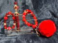 Beaded Stretch Bracelet w/Matching Pen Set, includes Pom Pom Wristlet in Red