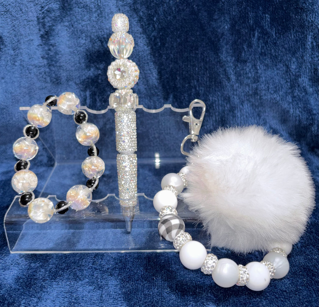 Beaded Stretch Bracelet & Matching Beaded Pen w/Pom Pom Wristlet in Black & White