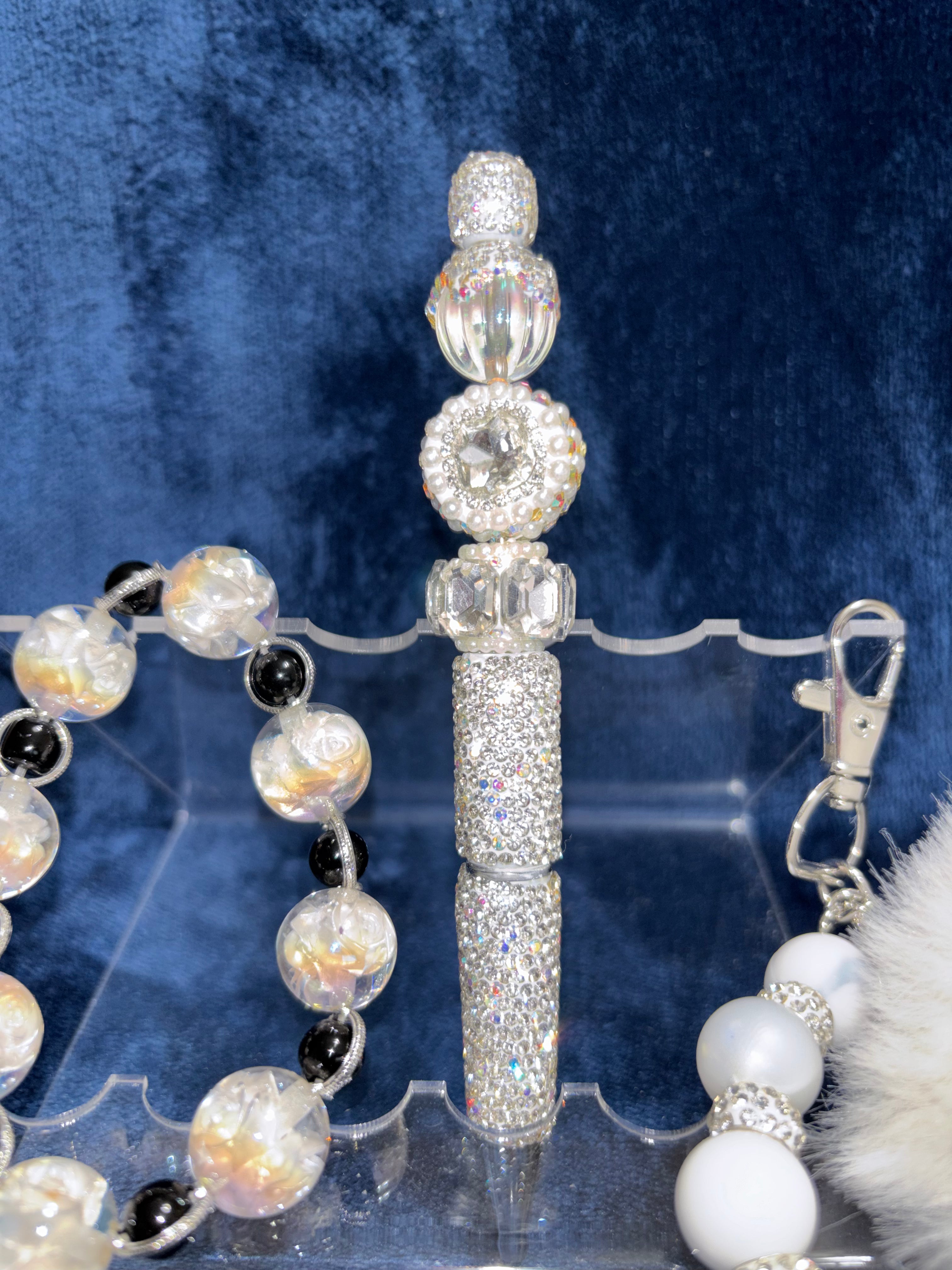 Beaded Stretch Bracelet & Matching Beaded Pen w/Pom Pom Wristlet in Black & White