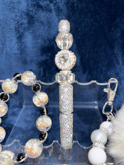 Beaded Stretch Bracelet & Matching Beaded Pen w/Pom Pom Wristlet in Black & White