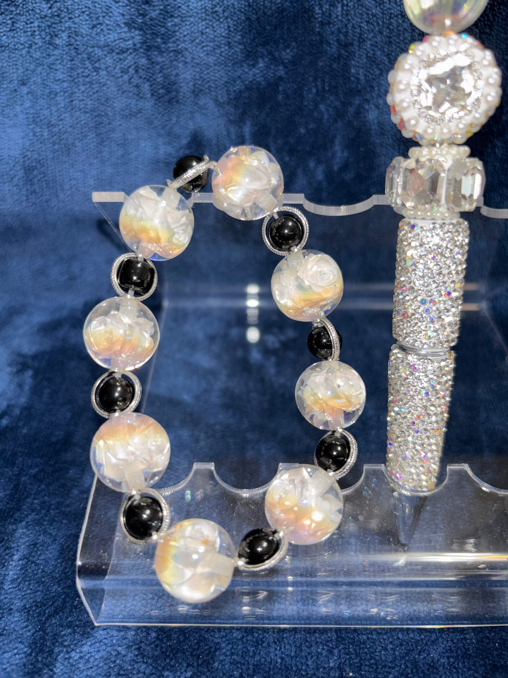 Beaded Stretch Bracelet & Matching Beaded Pen w/Pom Pom Wristlet in Black & White