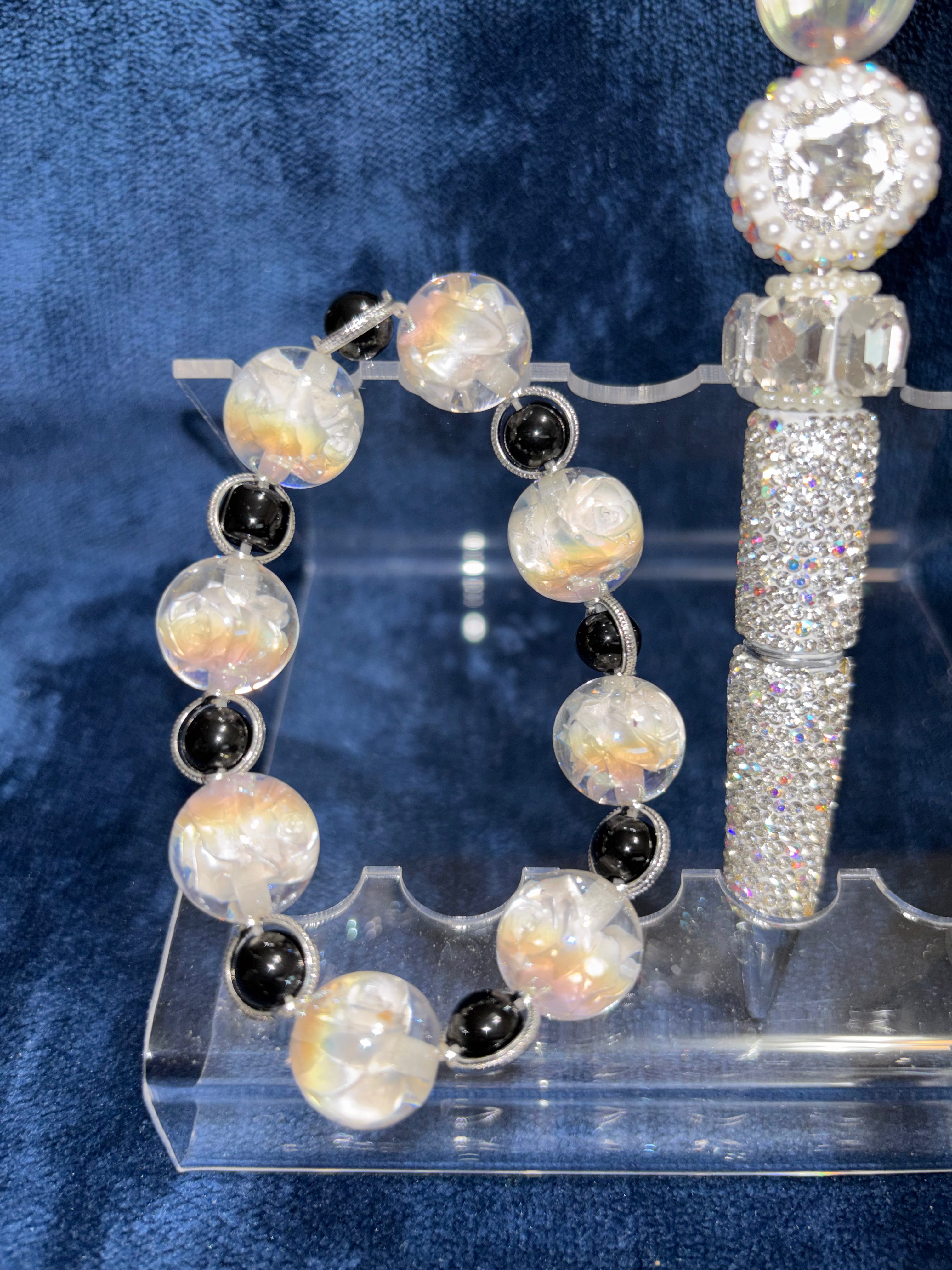 Beaded Stretch Bracelet & Matching Beaded Pen w/Pom Pom Wristlet in Black & White