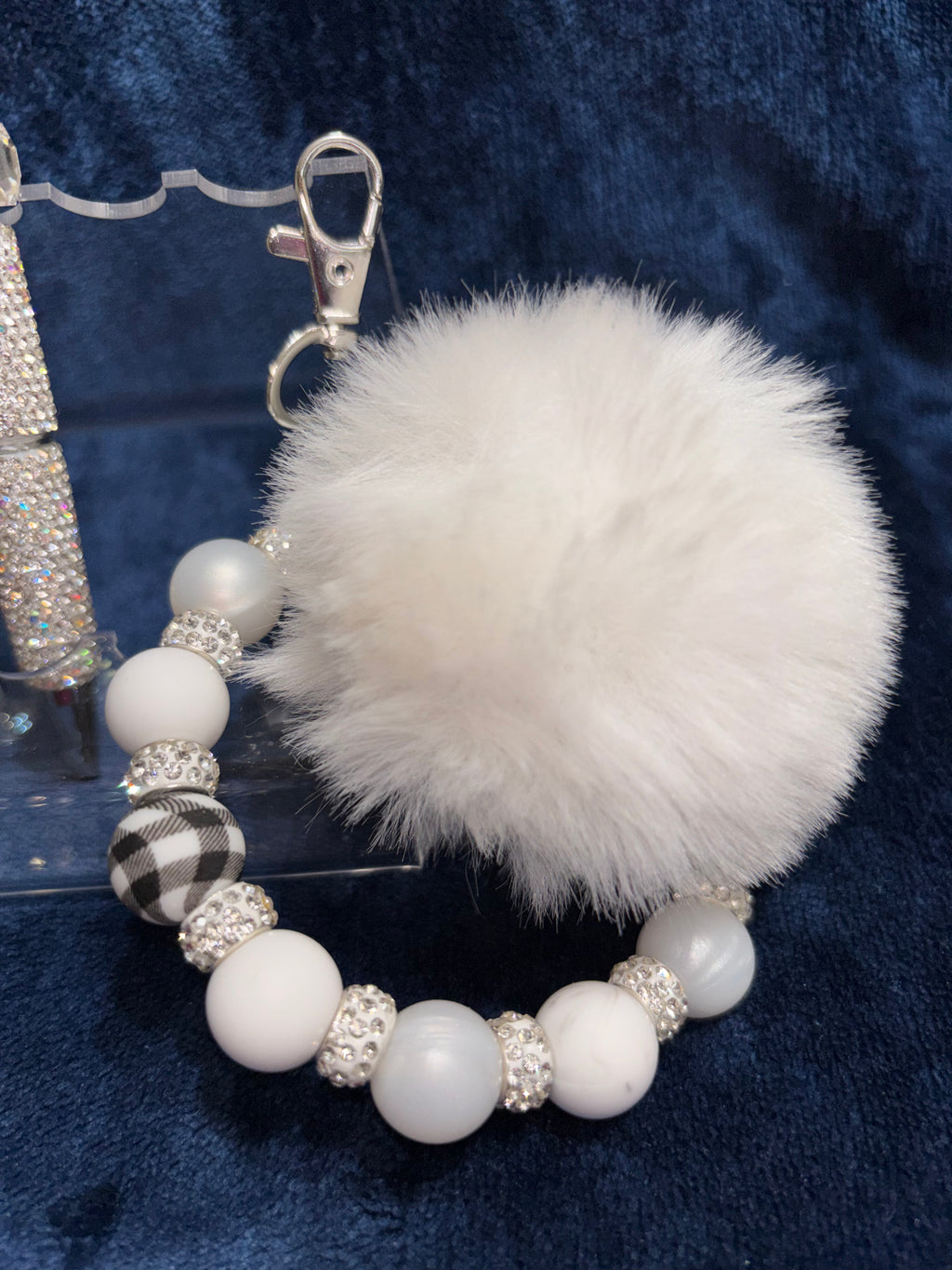 Beaded Stretch Bracelet & Matching Beaded Pen w/Pom Pom Wristlet in Black & White