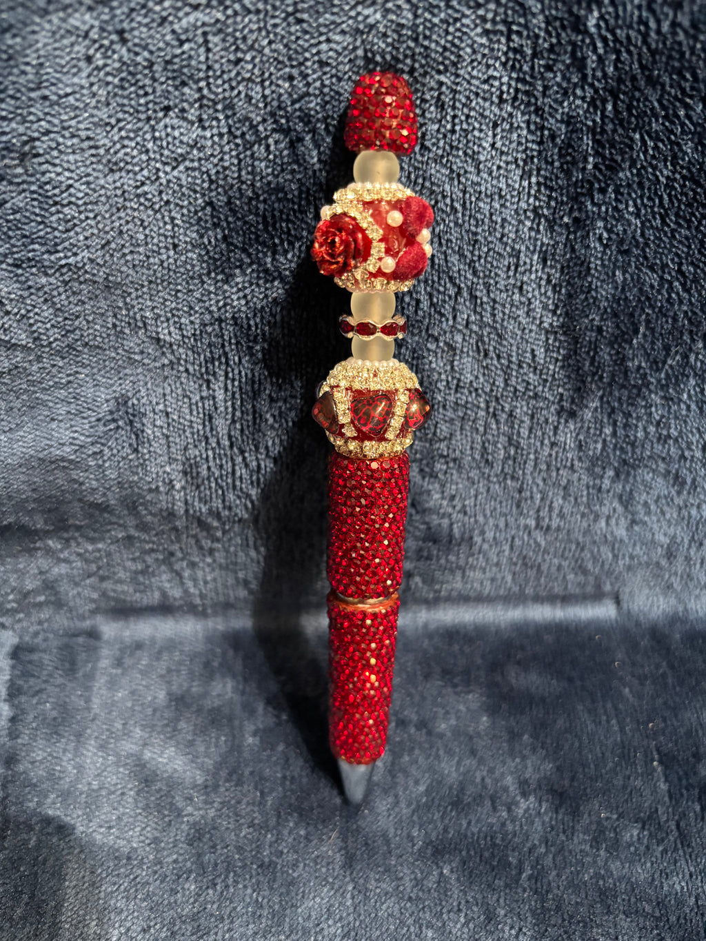 Beaded Stretch Bracelet w/Matching Pen Set, includes Pom Pom Wristlet in Red