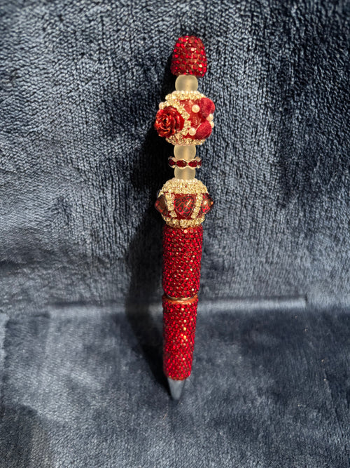 Beaded Stretch Bracelet w/Matching Pen Set, includes Pom Pom Wristlet in Red