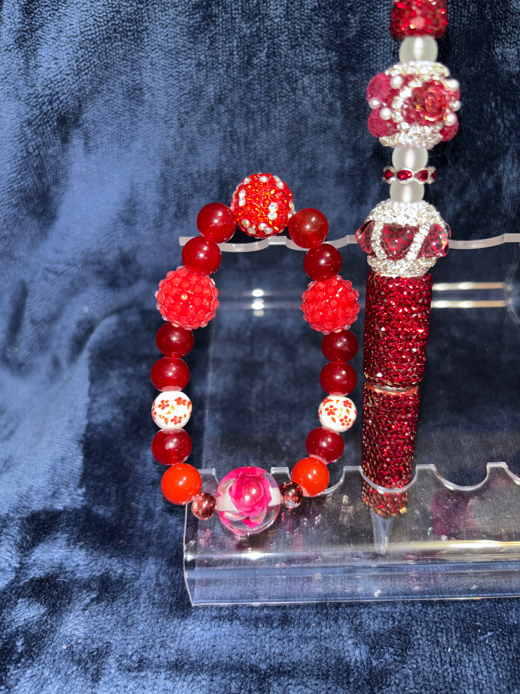 Beaded Stretch Bracelet w/Matching Pen Set, includes Pom Pom Wristlet in Red