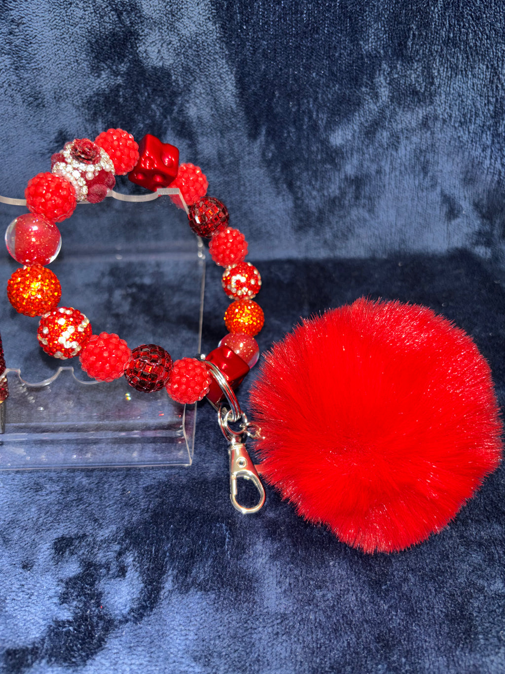 Beaded Stretch Bracelet w/Matching Pen Set, includes Pom Pom Wristlet in Red