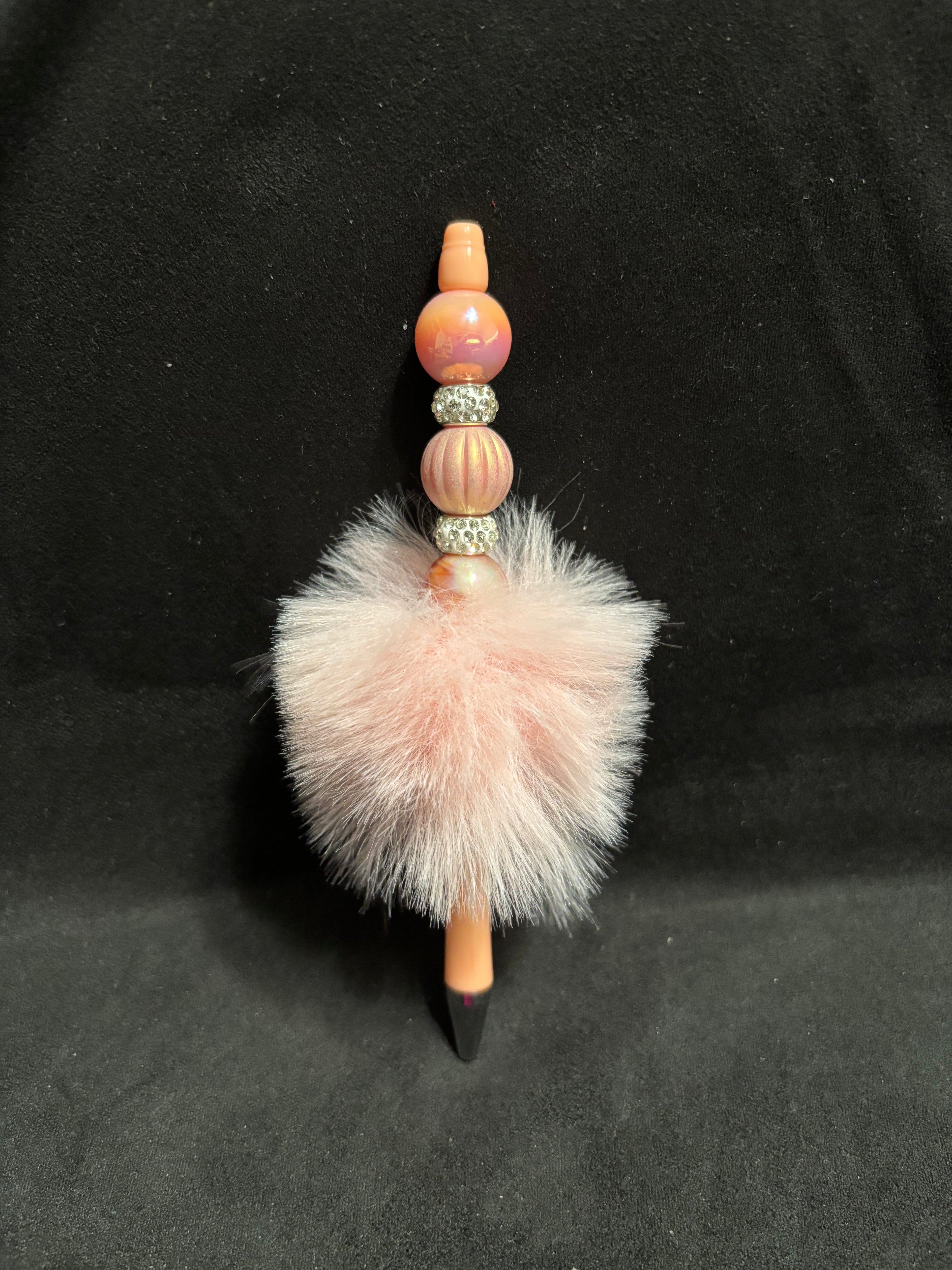 Beaded Stretch Bracelet w/Matching Pen Set, includes Pom Pom Wristlet all in Peach & White