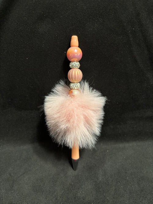 Beaded Stretch Bracelet w/Matching Pen Set, includes Pom Pom Wristlet all in Peach & White