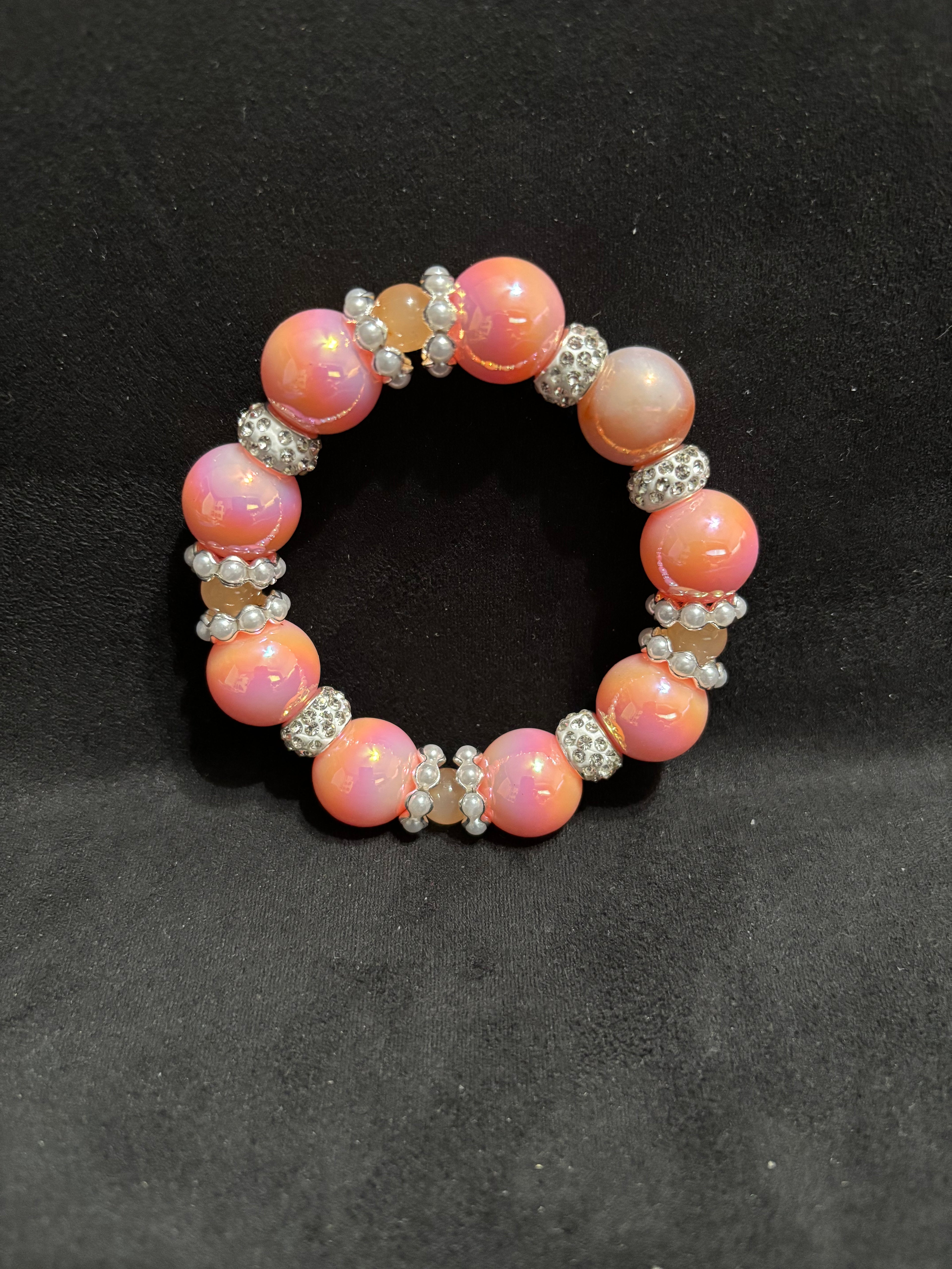 Beaded Stretch Bracelet w/Matching Pen Set, includes Pom Pom Wristlet all in Peach & White