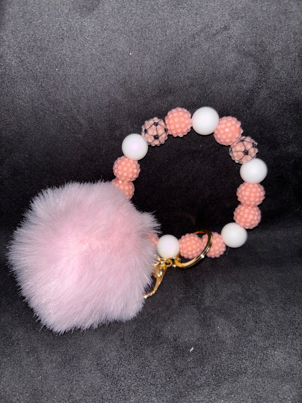 Beaded Stretch Bracelet w/Matching Pen Set, includes Pom Pom Wristlet all in Peach & White