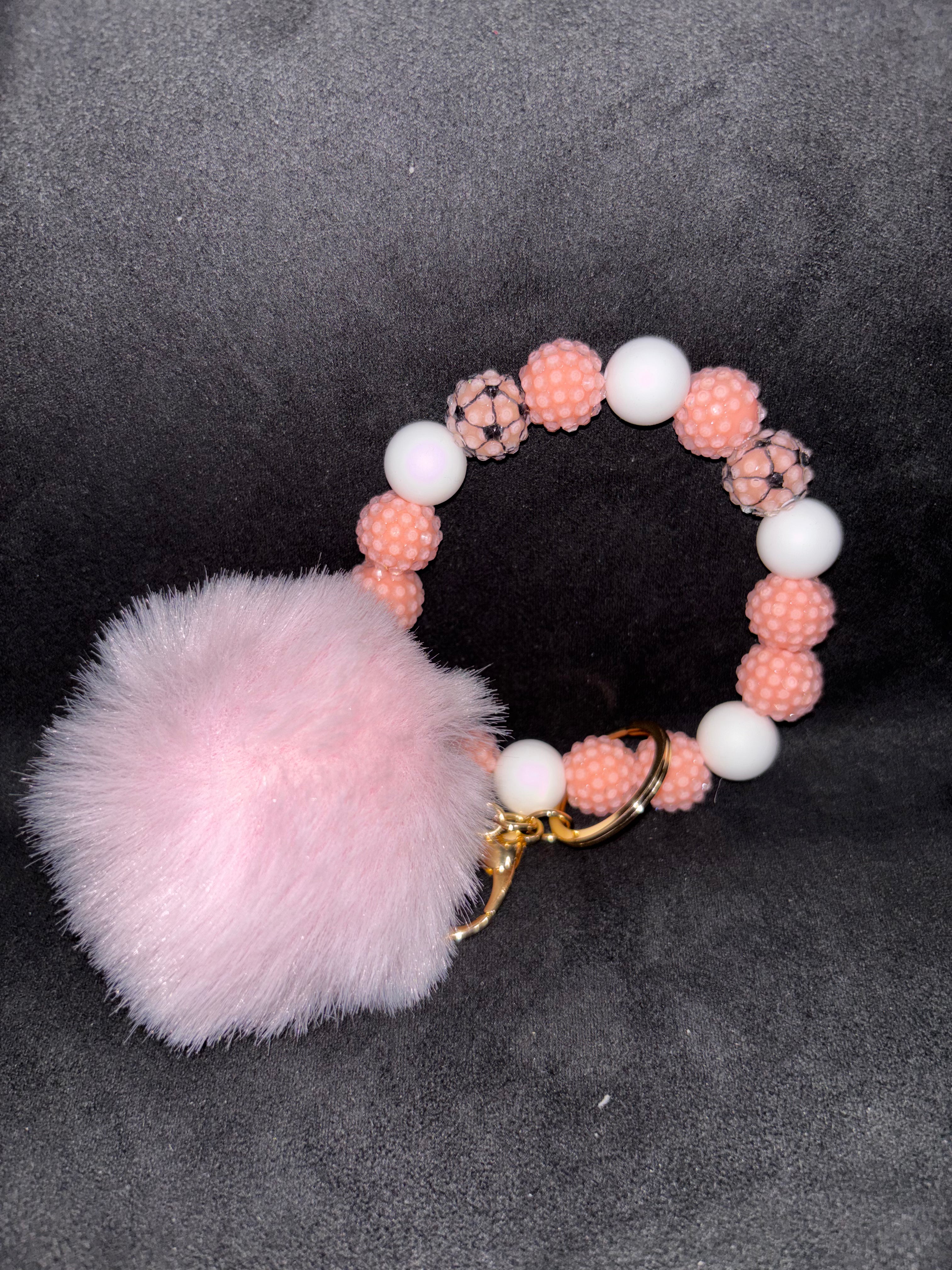 Beaded Stretch Bracelet w/Matching Pen Set, includes Pom Pom Wristlet all in Peach & White